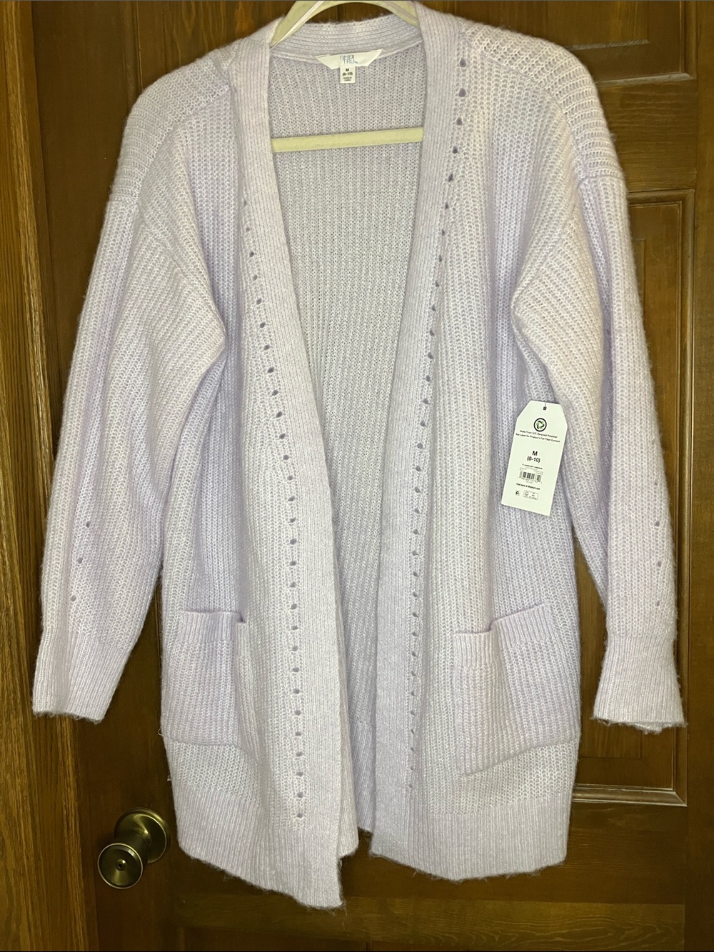 Open-Front Lilac Knit Cardigan with Patch Pockets- Medium